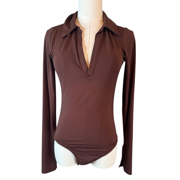 Zara Brown Small Long Sleeve Collared Bodysuit Snap Closure - Picture 1 of 14